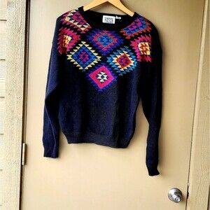Vintage 1980s Modern Reign Womens Aztec South Western Black Colorful Sweater